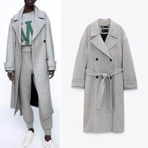 NWT ZARA Wool Blend Oversized Double-Breasted Coat Grey Size L